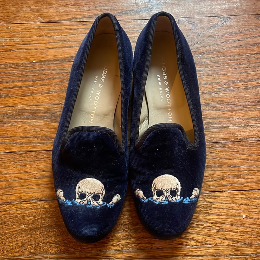 Stubbs & Wootton Women's Navy Velvet Skull Loafers